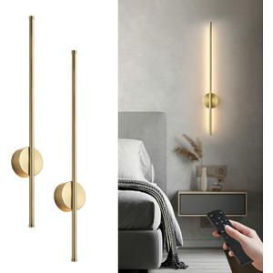 Battery Operated Modern Wall Sconces, Dimmable Wireless Wall Light Set of Two with Remote Control, 3 Color Temperatures, Rechargeable LED Wall Sconce for Bedroom, Living Room, Hallway, 27.6 Inch Brass