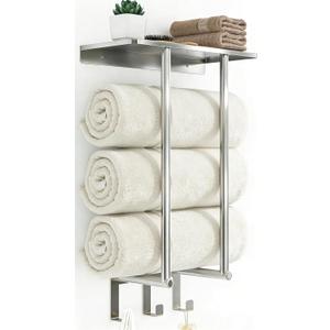 Towel Racks for Bathroom Wall Mounted, Bethom Towel Rack with Shelf and 3 Hooks, Brushed Nickel Towel Storage Holder Wall for Large Rolled Towels (Round Tube)