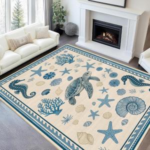8x10 Area Rug for Living Room Coastal Nautical Rug Machine Washable Sea Turtle Starfish Seashell Coral Rugs Non Slip Low Pile Large Dining Room Indoor Floor Carpet for Bedroom Office,Blue