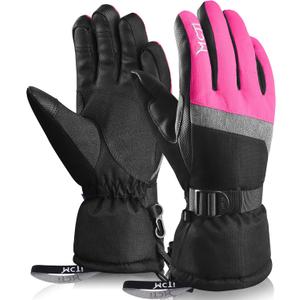 MCTi Ski Gloves,Winter Waterproof Snowboard Snow 3M Thinsulate Warm Touchscreen Cold Weather Women Gloves Wrist Leashes (Small, Rose red)