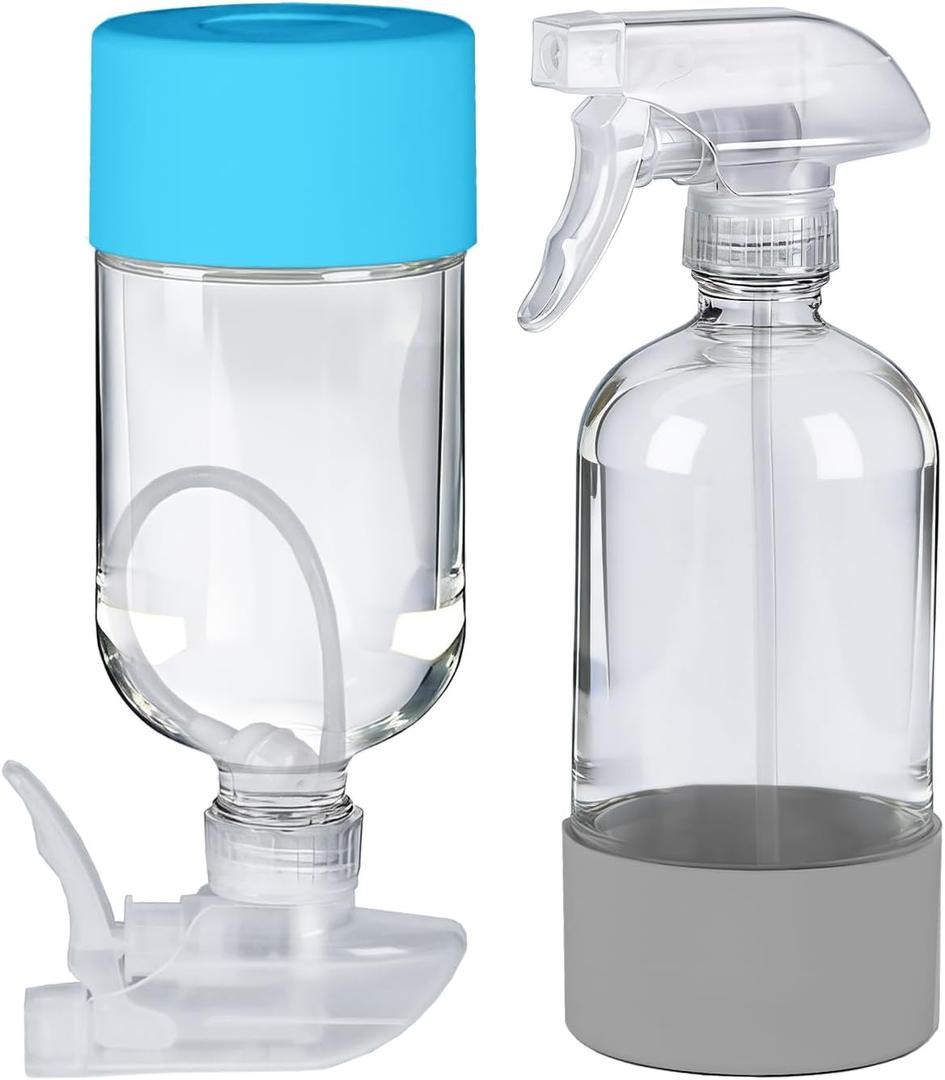 2 Pack 360 Glass Spray Bottles with Silicone Sleeve, 16 oz Empty Refillable Containers with Adjustable Spray Nozzles, Spray Bottles for Hair, Cleaning Solutions and Plants Grey&Blue