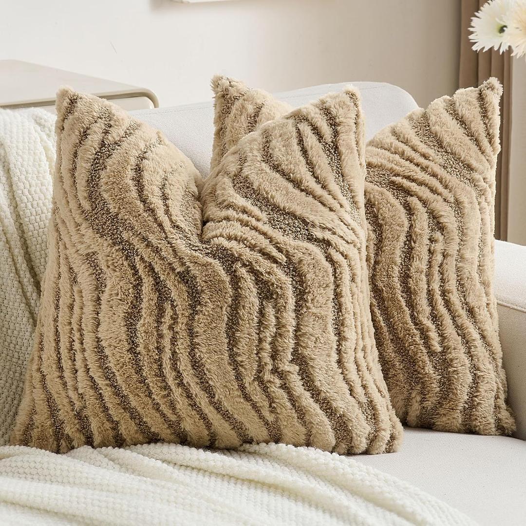 FUTEI Pack of 2 Solid Faux Fur Geometric Striped Throw Pillow Covers 18x18 Inch Soft Farmhouse Decorative Accent Lumbar Pillowcases Modern Home Decor for Couch Living Room, Khaki