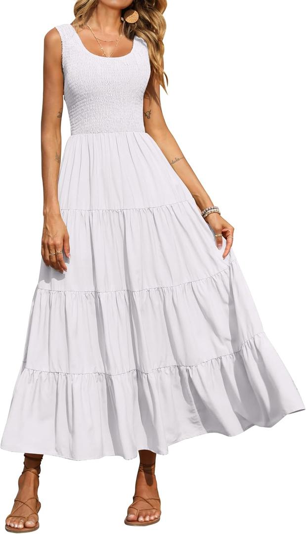 PRETTYGARDEN Women's 2026 Casual Loose Plain Maxi Sundress Smocked Tank Dress Sleeveless Spring Beach Tiered Long Dresses (White, L)