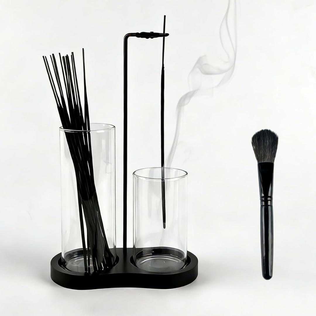 2 in 1 Black Incense Holder for Sticks with Glass Ash Catcher, Anti-Ash Incense Burner for Yoga Meditation Spa, Sleek Minimalist Decor & Incense Holder for Men, Includes Ash Brush