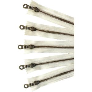 Antique Brass Metal Zippers in Vanilla/Cream/Offwhite with Donut Pull - #5 Closed-end Zippers - 6 Inch - Set of 5 Pieces by Craftbot