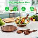 Extra Large Glass Salad Bowl with Lid Set, 5-Qt (160 fl oz) Mixing/Serving Bowl with Wood Base & Salad Servers, Trifle Bowl for Kitchen, Parties & Christmas