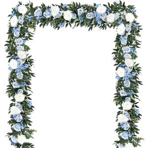 Lvydec 2 Pack Artificial Peony Flower Garland - 6ft Silk Peony Vine Willow Leaves Garland Blue and White Arch Flower Vine for Wedding Party Table Decoration (Blue)