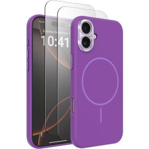Magnetic Silicone Case for iPhone 16 Case with 2 Screen Protector, Upgraded Hard Acrylic Camera Protector Soft Slim Stylish Cute Phone Cover Compatible with MagSafe, Purple