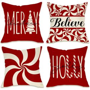 Fahrendom Merry Christmas Tree Decorative Throw Pillow Cover 18 x 18 Set of 4, Xmas Red Candy Canes Porch Patio Outdoor Pillowcase, Winter Holiday Holly Jolly Gifts Cushion Case Home Decor