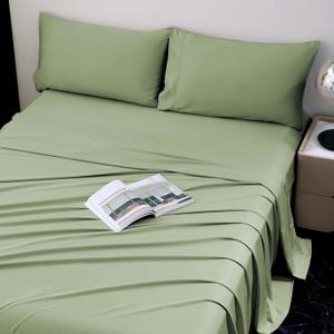 Viviland Cooling Twin Sheets, Bamboo Viscose with Elastic Corner Straps, Sage Green Cold Siky Sheet & Pillowcase Sets for Hot Sleepers