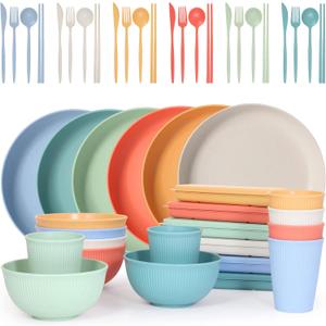 Wheat Straw Dinnerware Sets, Unbreakable Dinnerware Set for 6,Reusable Lightweight Tableware Dinner Dishes, Bowls, Cups, tableware, 24pcs Dinnerware Microwave & Dishwasher & Kids Safe (Colorful)