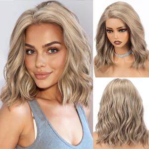HAIRCUBE Synthetic T Lace Front Wig,Side-Parted Glueless Lace Wigs for Women, 16-Inch Shoulder Length Wavy Style for Daily Wear, Party & Date (Mixed Ash Blonde)