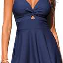 GRAPENT Women's Swim Dress One Piece Swimsuit with Skirt Modest Cut Out Padded Twist Bathing Suits Swimwear Swimdress (Large, Navy Blue)