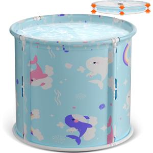 Portable Bathtub, Foldable Bathtub for Kids, Boys and Girls, Therapy Tub for Shower Stall Bathroom Fold Up Japanese Soaking Hot SPA Bath Tub, Outside Ice Bath 21.65''x23.62'' (Ocean World Blue)