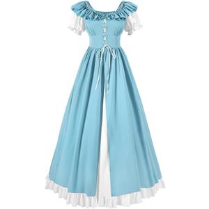 CR ROLECOS Renaissance Costume Women Medieval Ren Faire Dress Short Sleeve Lace up Victorian Peasant Dresses Blue,S