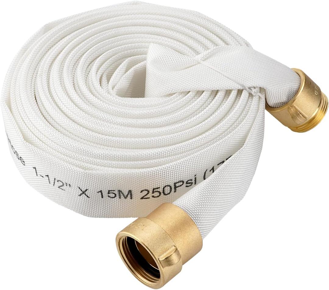 Fire Hose,1-1/2" ID X 50 FT, Single Jacket TPU, 450 PSI Burst Pressure, Industrial Fire Hose with NST/NH Brass Couplings for Indoor Use