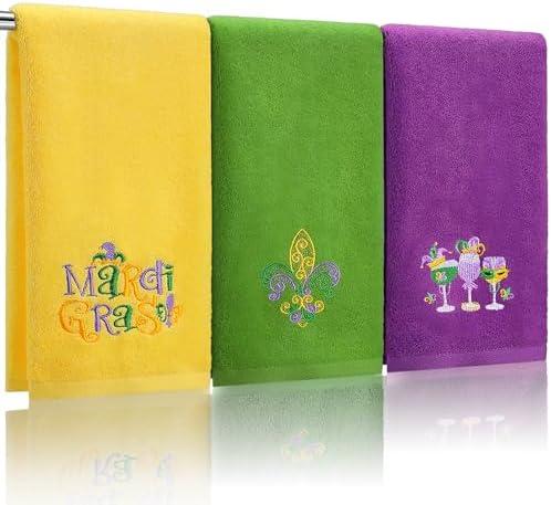 FuWeave 3 Pack Mardi Gras Hand Towels 13.4 x 29.2 Inch Cotton Embroidered Wine Mardi Gras Fleur De LYS Bathroom Towel Absorbent Decorative for Hand Drying Cleaning Gift