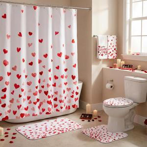 Moukeren 6 Pcs Valentine's Day Bathroom Decor, Valentines Shower Curtain and Rug Sets, Red Heart Shower Curtain 72x72 Inch, U-Shaped Toilet Lid Cover, 2 Towels & 8 Hooks, Romantic Bathroom Decor