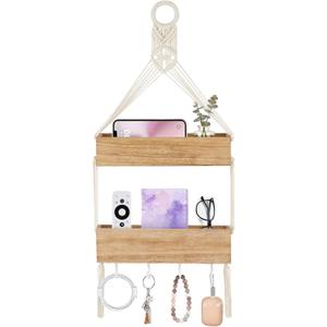 Mkono Macrame Hanging Shelf for Bedside Shelf Organizer with Hooks, Boho Wall Decor Cute Wood Floating Shelves for Girls Bedroom Dorm Nursery, Wall Storage for Phone, Remote, Accessories (Small)