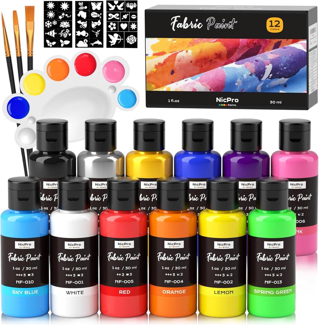 Nicpro 12 Colors Fabric Paint (1oz/30ml), Permanent Soft Fabric Paint Set with Brushes, Palette, Stencils, Non-Toxic Textile Paint for Fabric DIY Crafts, T-Shirts, Shoes, Jeans, Bags, Art Supplies