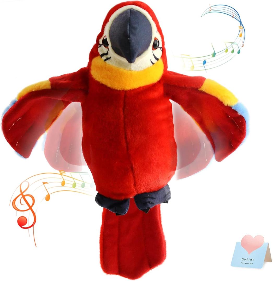 Houwsbaby 9'' Red Talking Parrot Plush Pal Repeat What You Say Recording Stuffed Animal Macaw Electronic Record Interactive Animated Bird Shake Wings Present Birthday Christmas for Kids Boys Girls