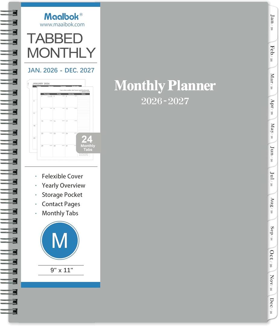 2 x 2026-2027 Monthly Planner/Calendar - 2 Year Planner 2026-2027, Monthly Tabs, 9  11, Jan 2026 - Dec 2027, Hard Cover, Inner Pocket - Grey