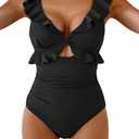 Aidonger Women's One Piece Swimsuit Tummy Control Ruffle Bathing Suit V Neck Ruched Swim Suit Slimming Cutout Swimwear Black, XL