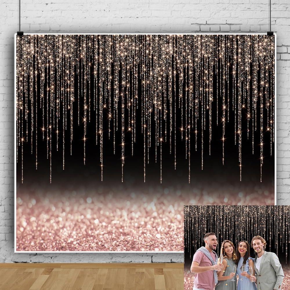 Black and Rose Gold Backdrop 10x10ft Glitter Photography Background for Girl Women Birthday Wedding Baby Shower Bridal Shower Graduation Backdrops Party Decoration Banner Photo Props