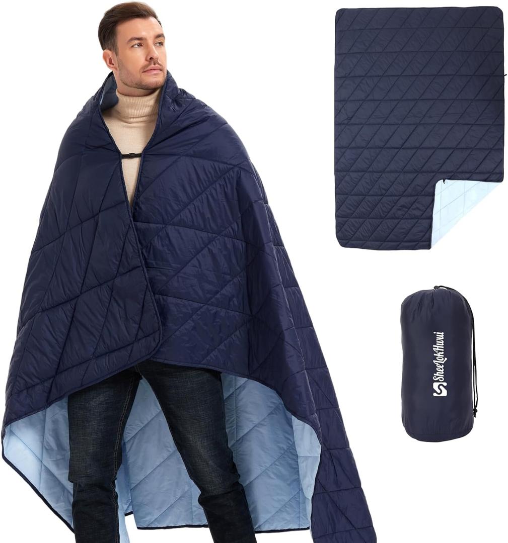 Outdoor Puffy Blanket, Reversible Warm Camping Blanket, Water-Resistant, Packable, Lightweight, Camping Quilt, for Stadium, Backpacking, Hammock, Picnic. 79"x55". Royal Blue (Thick)