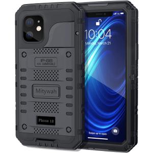 Mitywah Waterproof Case for iPhone 12, Heavy Duty Shockproof Case with Built-in Screen Protector, Full Body Underwater Protective Metal Case 6.1 inch, Black