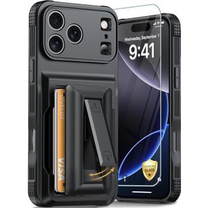 for iPhone 17 Pro Max Case with Card Holder4-5 Cards[RFID Blocking][9H Screen Protector ][Full Camera Protection][Hidden Kickstand]Rugged Heavy Duty Wallet Case for iPhone 17 Pro Max (Black)