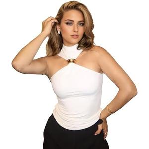 Sexy Dressy Halter Neck Tops for Women Pleated Twist Front Tank Tops Slim Fit Hollow Out Backless Cami Top (White, Small)