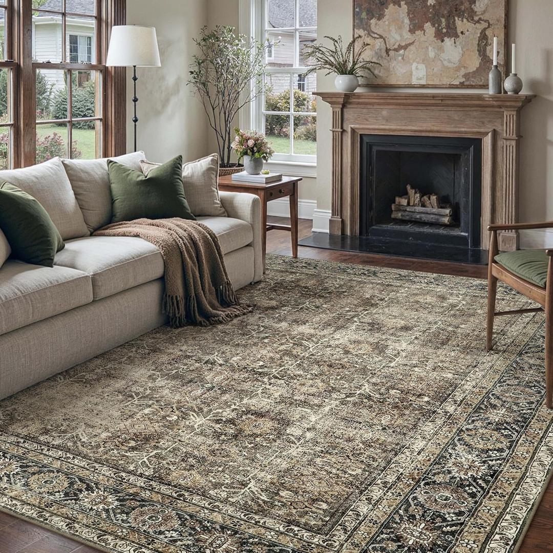 Vintage Area Rug 8x10 Brown Washable Living Room Large Carpet Non Slip Bedroom Indoor Office Low Pile Traditional Distressed Retro Accent Rug for Dining Room