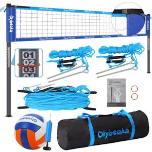 Portable Outdoor Volleyball Net Set System for Backyard Beach with Heavy Duty Poles, Durable Net, PU Volleyball & Pump, Carry Bag (32ft, Blue)