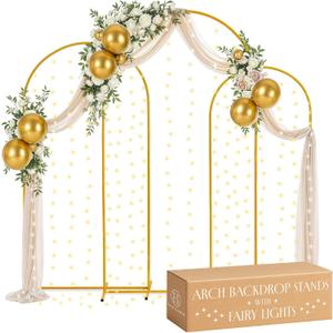 Gold Metal Arch Backdrop Stand for Wedding & Birthday Party Decorations, Foldable Balloon Arch Frame with Easy Assembly, Photo Booth Backdrop Dcor with Fairy Lights Options