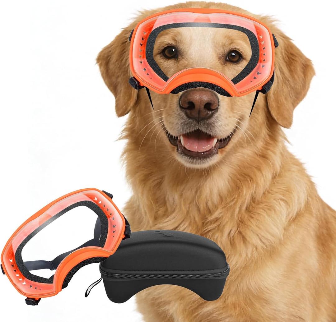Clear Dog Goggles for Large Breeds, UV Protection Dog Sunglasses for Medium to Large Dog, Pet Eye Protection for Driving, Cycling, Hiking, Adjustable Elastic Straps, Orange
