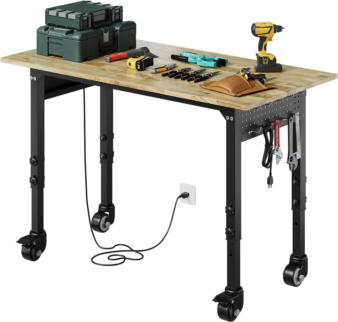 48 "Adjustable Workbench with Power Outlet,Heavy Duty 2000 LBS Work Bench with Wheels, and Pegboard,Mobile Work Table Suitable for Workshop, Office, Garage, Home