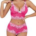 Lilosy Sexy Lace Pajamas Lingerie Set High Waist Sheer Sleepwear Bow Ties Cami Shorts Bra and Panty Women 2 Piece See Through Nightwear Floral Hot Pink X-Large