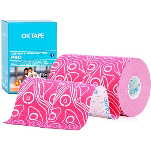 OK TAPE PRO Kinesiology Tape, 2inch x Long Roll 16ft Free Cut Tape, Elastic Athletic Tape Therapeutic Latex Free, 2 Rolls Pink+White
