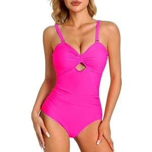 Ormark Women One Piece Swimsuit Tummy Control Front Cutout Bathing Suits Adjustable Strap Ruched Beach Swimwear Hot Pink L