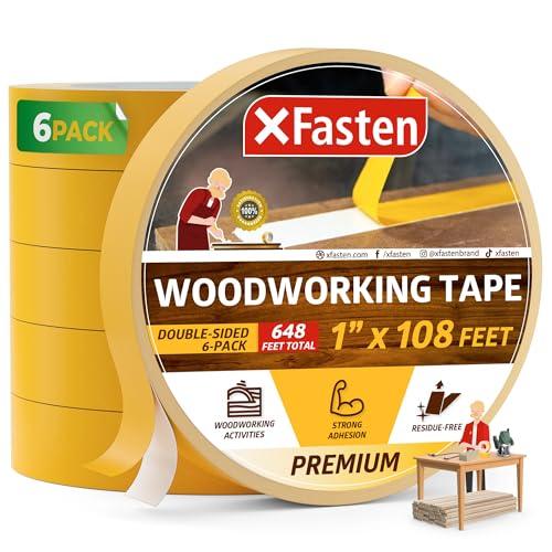 XFasten Double Sided Woodworking Tape, 1 Inch x 108 ft (6-Pack, 648 ft Total), Residue-Free, Heavy Duty, Wood-Safe Double Sided Tape for Router Templates, CNC Machines, and Woodworking Tools