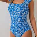 B2prity Womens One Piece Swimsuit Retro Square Neck Tummy Control Bathing Suits Ruched Modest Full Coverage Swimwear (Blue, S)