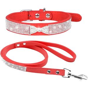 Cute Dazzling Sparkling Elegant Fancy Soft Suede Leather Bling Rhinestone Crystal Jeweled Pet Cat Dog Puppy Collar Dog Leash Combo Set (M, Red-4)