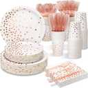 Partylamb White & Rose Gold Party Supplies, 350PCS Disposable Dinnerware Set with Plates Napkins Cups Forks Knives Spoons for Girl Women Birthday Baby Bridal Shower Graduation Wedding Party Decoration