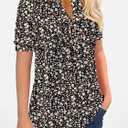 Women's Zipper Summer Pleated Button Short Sleeve T-Shirt Summer V-Neck Solid Color Casual top (Black)