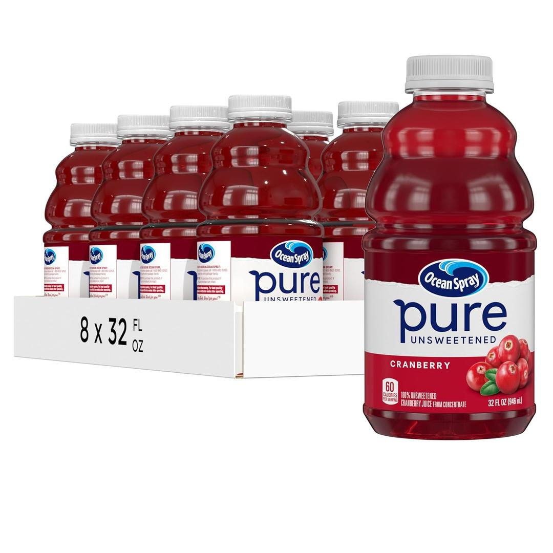Ocean Spray Pure Unsweetened Cranberry, 100% Cranberry Juice From Concentrate, 32 Fl Oz Bottle (Pack of 8) Best By 01/13/27