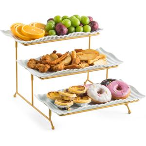 LAUCHUH 3 Tier Trays Stand, Porcelain Serving Trays Collapsible Sturdier Stand Serving Platters Dessert Table Display Set for Party, Entertaining, Thanksgiving, Christmas, Gold, 12.2 Inch