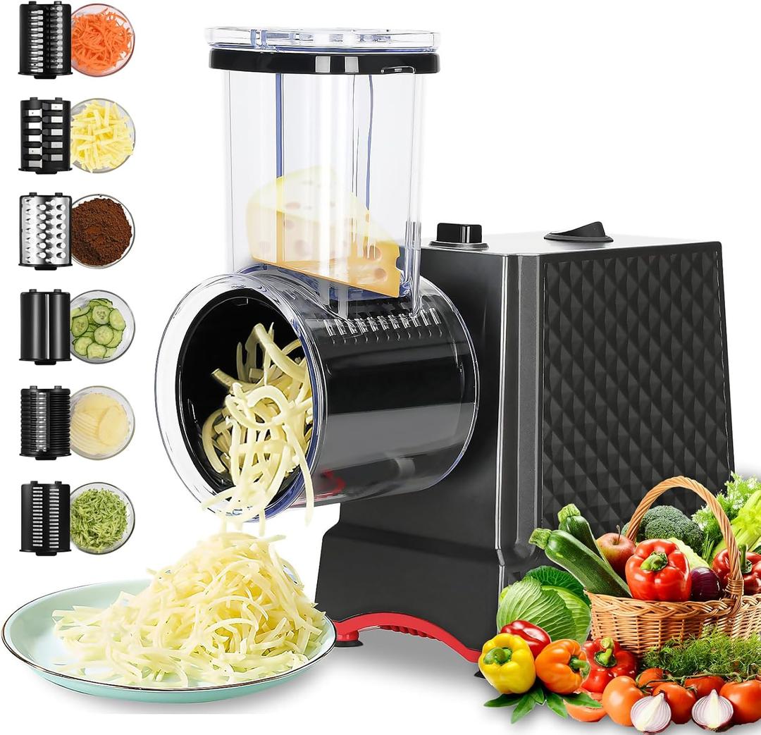 YOTAN Electric Cheese Grater, Electric Slicer Shredder with 6 Blades, 250W Salad Shooter, Enlarged Inlet and Dispenser, Automatic Vegetable Slicer for Cheeses, Fruits, Vegetables