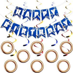 Epakh Blue Gold Birthday Banner with 8 Pcs Ring Hanging Swirl Decorations Cartoon Print Themed Happy Birthday Party Supplies for Family Celebrations Home Decor