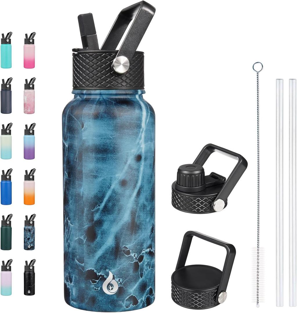 BJPKPK Insulated Water Bottles with Straw Lid, 32oz Metal Large Water Bottle with 3 Lids, Reusable Leak Proof BPA Free Thermos, Stainless Steel Tumblers for Sports, Gym, Travel-Ocean